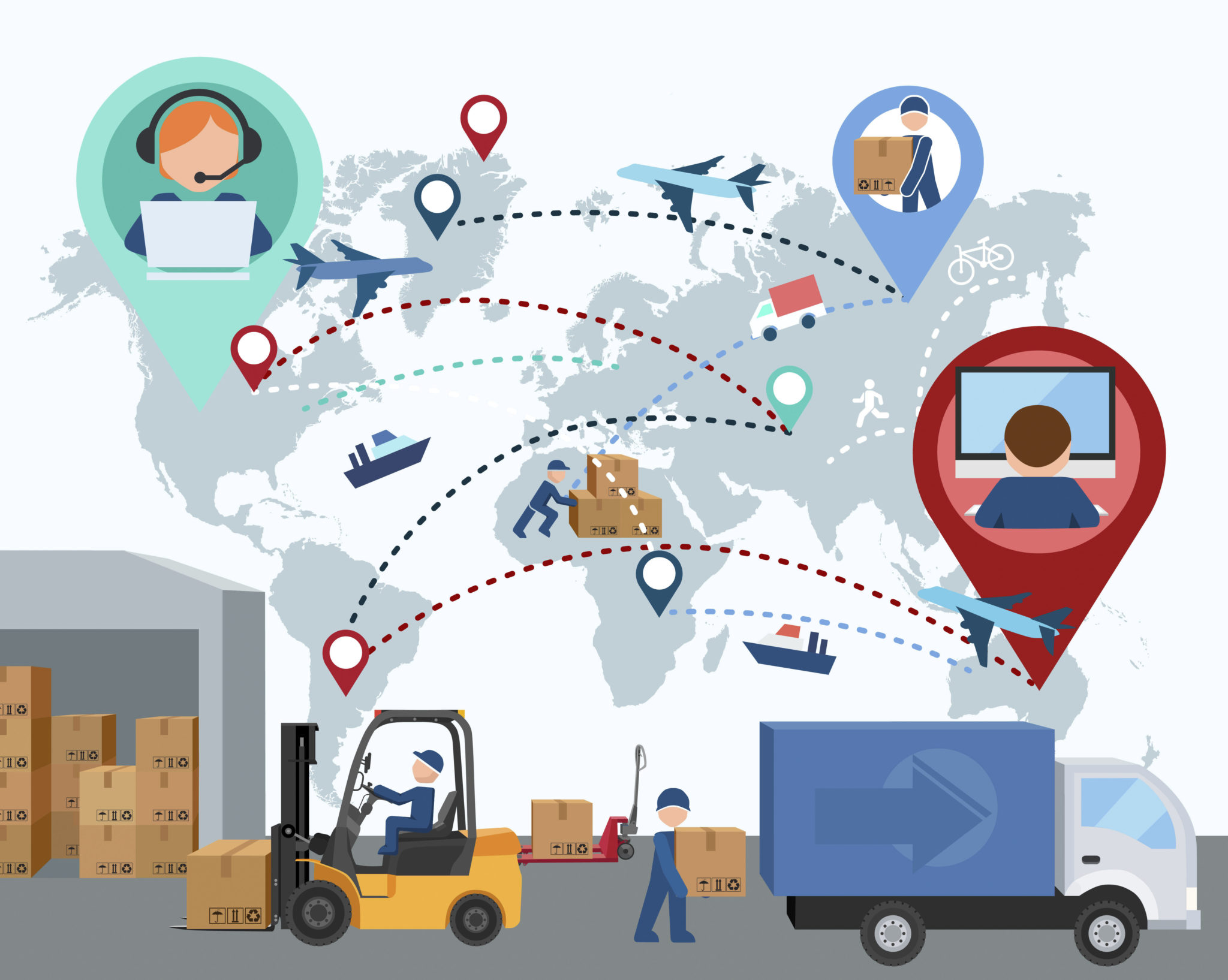Production, transportation, delivery of cargo. Map. Vector illus